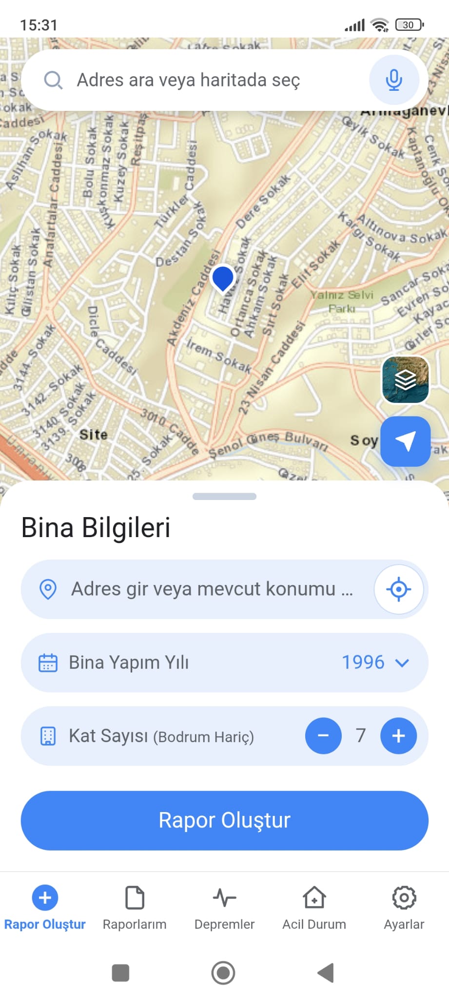 BinaDepremRaporum mobil uygulama ekranı